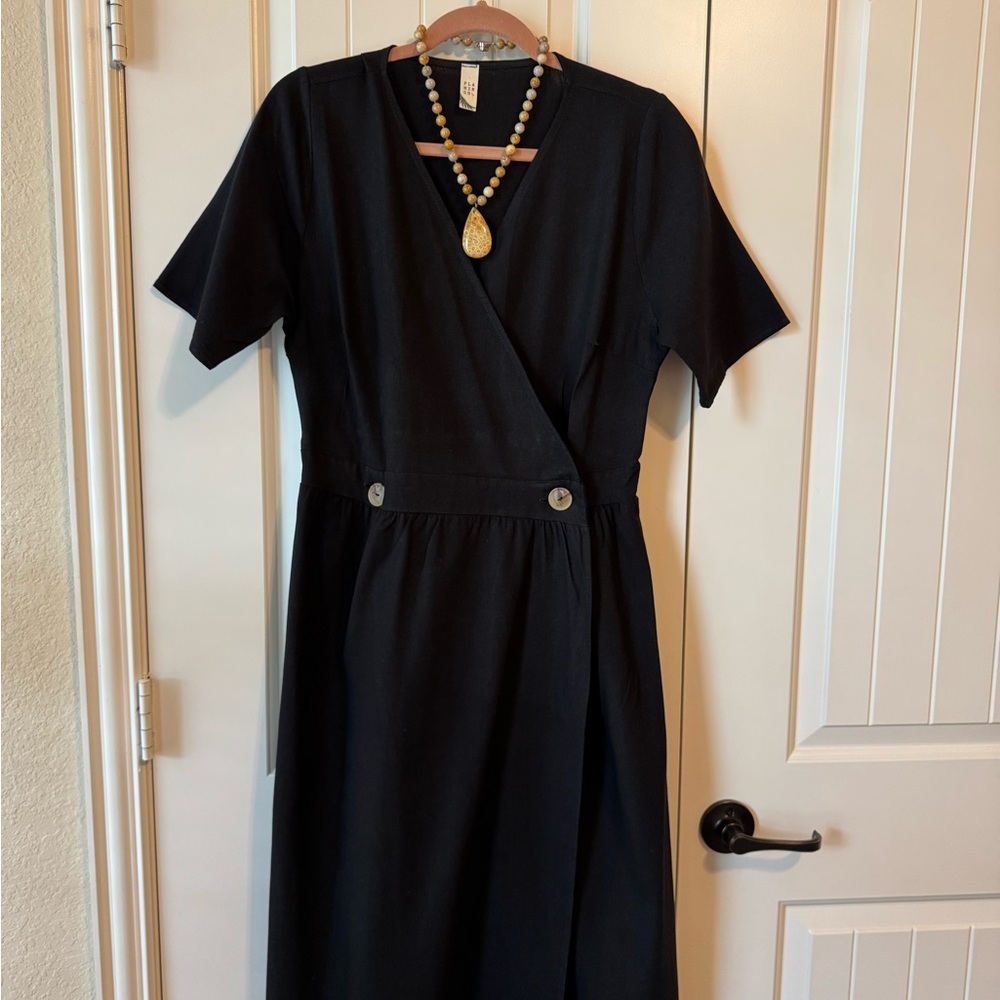 Flamingo Black Linen Buttoned Wrap Midi Dress